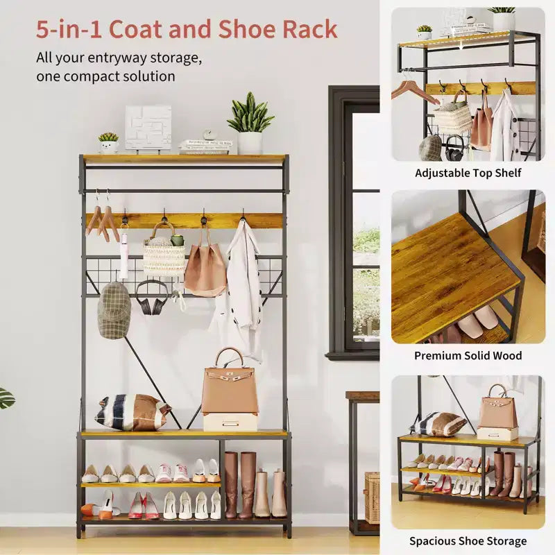 Porte-manteau autoportant avec banc et rangement à chaussures, noir / ivoire / marbré / bois – 1 à 2 personnes