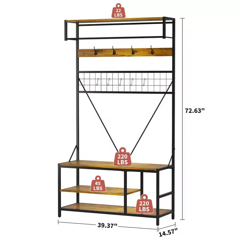 Porte-manteau autoportant avec banc et rangement à chaussures, noir / ivoire / marbré / bois – 1 à 2 personnes