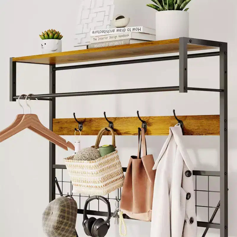 Porte-manteau autoportant avec banc et rangement à chaussures, noir / ivoire / marbré / bois – 1 à 2 personnes