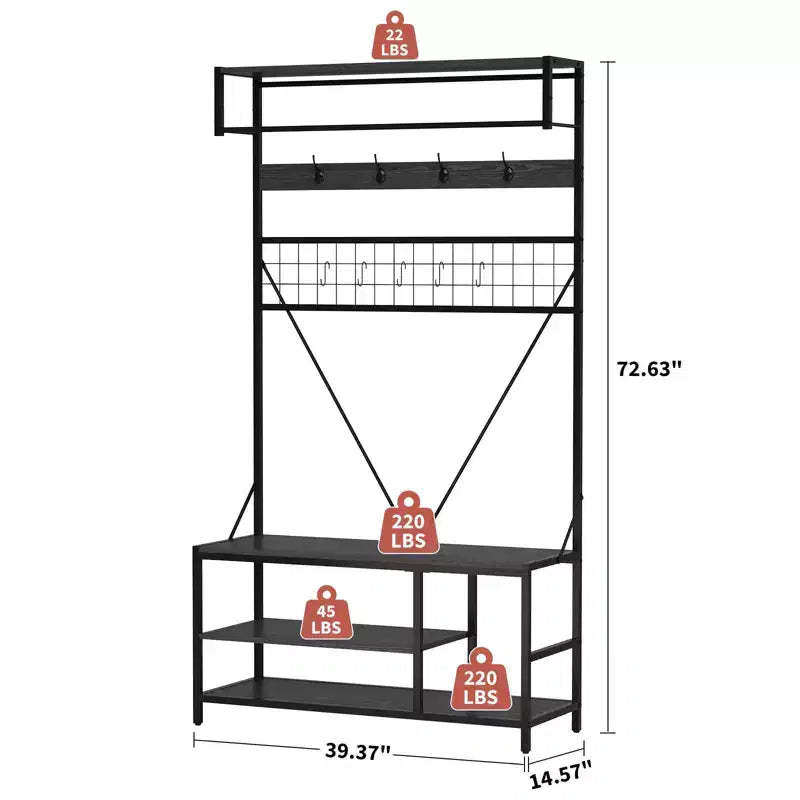 Porte-manteau autoportant avec banc et rangement à chaussures, noir / ivoire / marbré / bois – 1 à 2 personnes