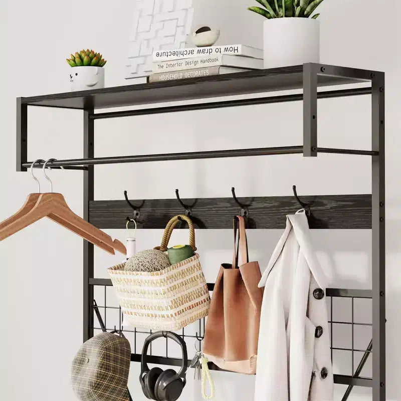 Porte-manteau autoportant avec banc et rangement à chaussures, noir / ivoire / marbré / bois – 1 à 2 personnes