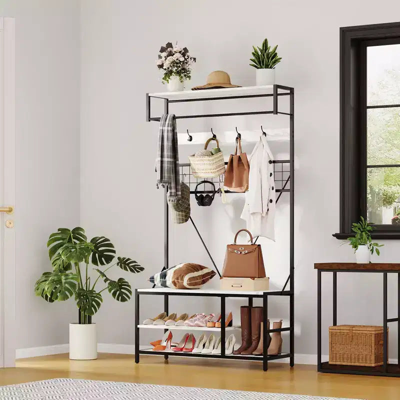 Porte-manteau autoportant avec banc et rangement à chaussures, noir / ivoire / marbré / bois – 1 à 2 personnes