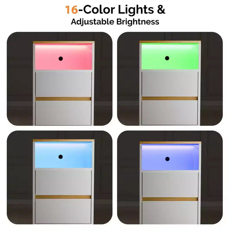 Table de chevet blanche et chêne à 2 tiroirs avec bande LED RGB et ports USB, montage par 1 personne
