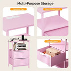 Table de chevet rose avec 2 tiroirs et 1 étagère, lot de 2