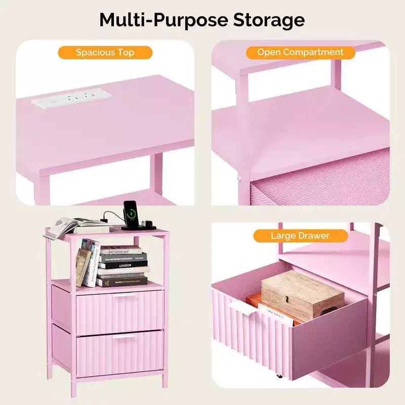 Table de chevet rose avec 2 tiroirs et 1 étagère, lot de 2