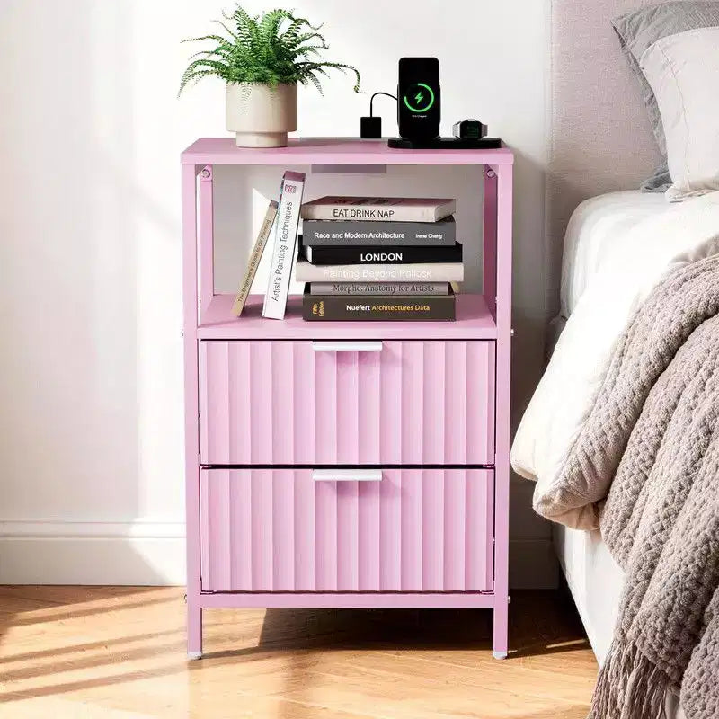 Table de chevet rose avec 2 tiroirs et 1 étagère, lot de 2