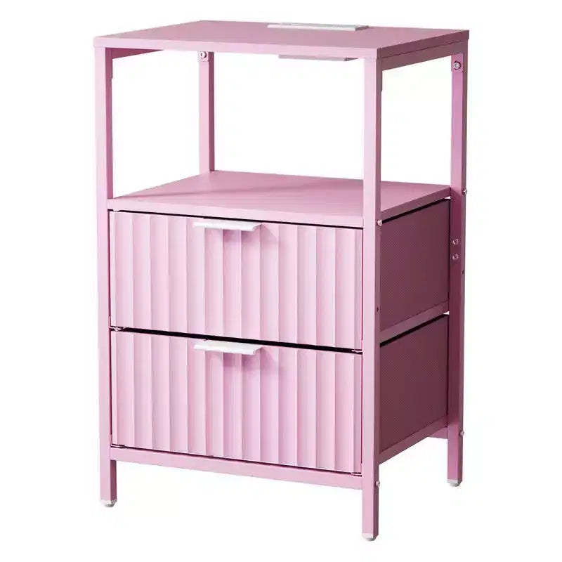 Table de chevet rose avec 2 tiroirs et 1 étagère, lot de 2