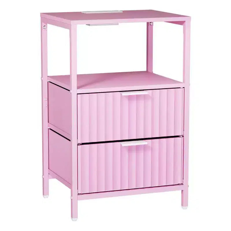 Table de chevet rose avec 2 tiroirs et 1 étagère, lot de 2