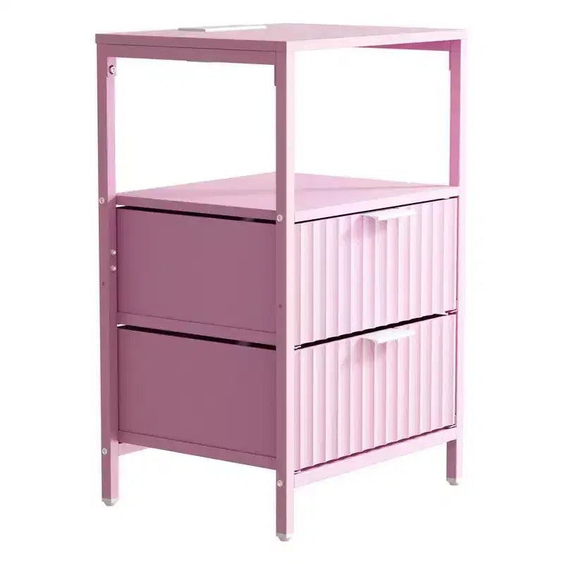 Table de chevet rose avec 2 tiroirs et 1 étagère, lot de 2