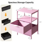 Table de chevet rose avec 2 tiroirs et 1 étagère, lot de 2