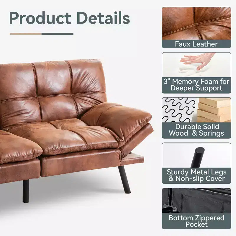 Canapé-lit futon convertible, similicuir, dossier et accoudoirs réglables, 2 places, bleu/marron/gris/noir/blanc