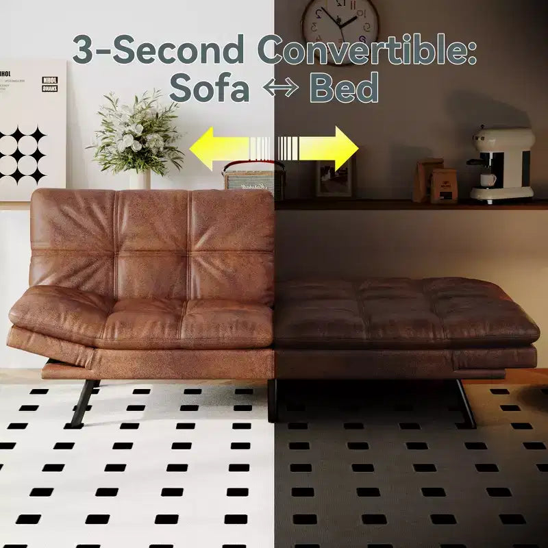 Canapé-lit futon convertible, similicuir, dossier et accoudoirs réglables, 2 places, bleu/marron/gris/noir/blanc