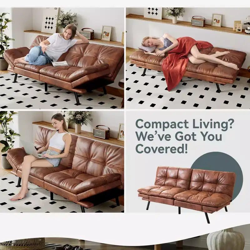 Canapé-lit futon convertible, similicuir, dossier et accoudoirs réglables, 2 places, bleu/marron/gris/noir/blanc
