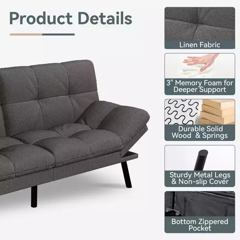 Canapé-lit futon convertible, similicuir, dossier et accoudoirs réglables, 2 places, bleu/marron/gris/noir/blanc