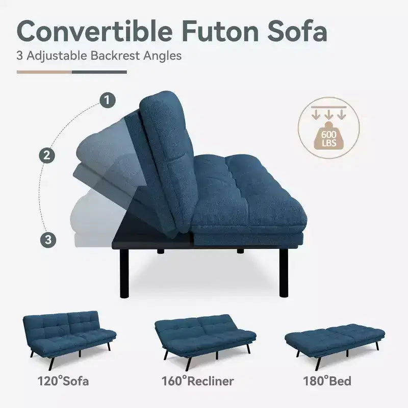 Canapé-lit futon convertible, similicuir, dossier et accoudoirs réglables, 2 places, bleu/marron/gris/noir/blanc