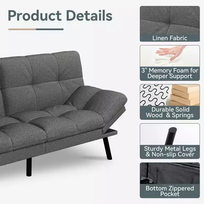 Canapé-lit futon convertible, similicuir, dossier et accoudoirs réglables, 2 places, bleu/marron/gris/noir/blanc