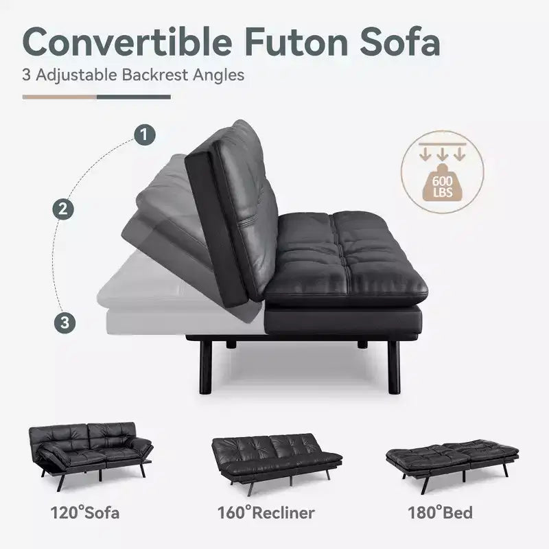 Canapé-lit futon convertible, similicuir, dossier et accoudoirs réglables, 2 places, bleu/marron/gris/noir/blanc