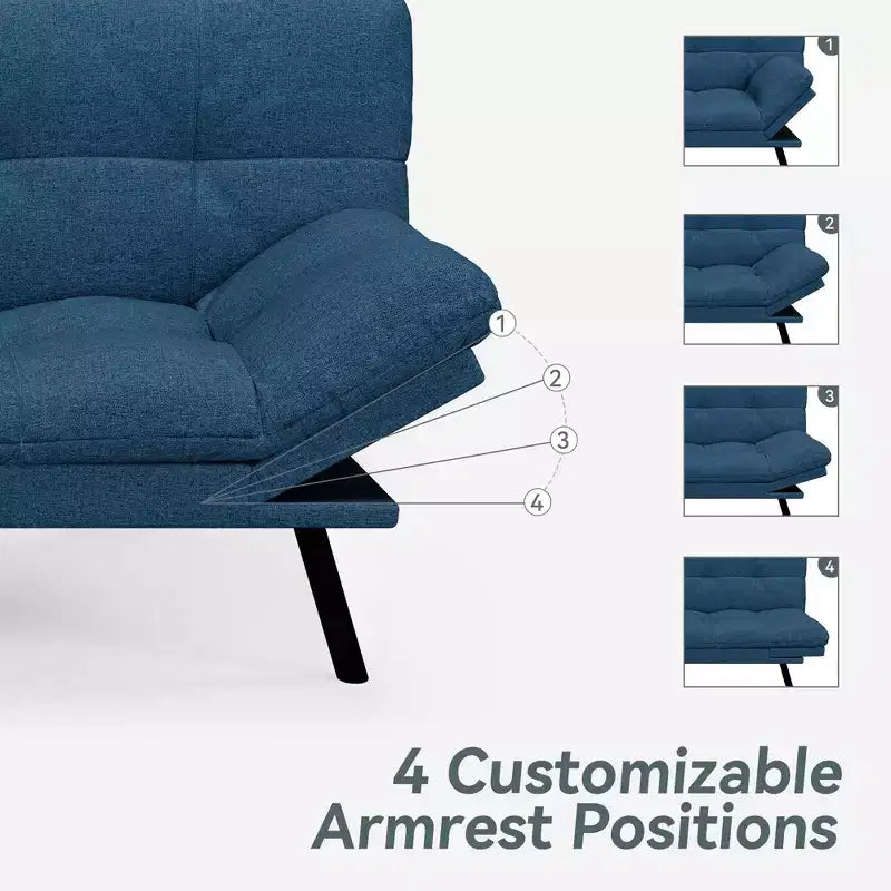 Canapé-lit futon convertible, similicuir, dossier et accoudoirs réglables, 2 places, bleu/marron/gris/noir/blanc