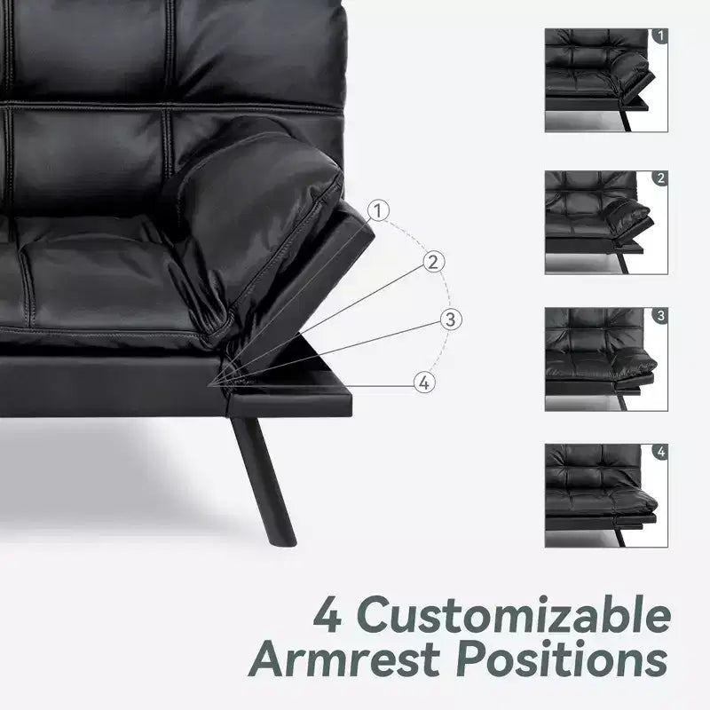 Canapé-lit futon convertible, similicuir, dossier et accoudoirs réglables, 2 places, bleu/marron/gris/noir/blanc