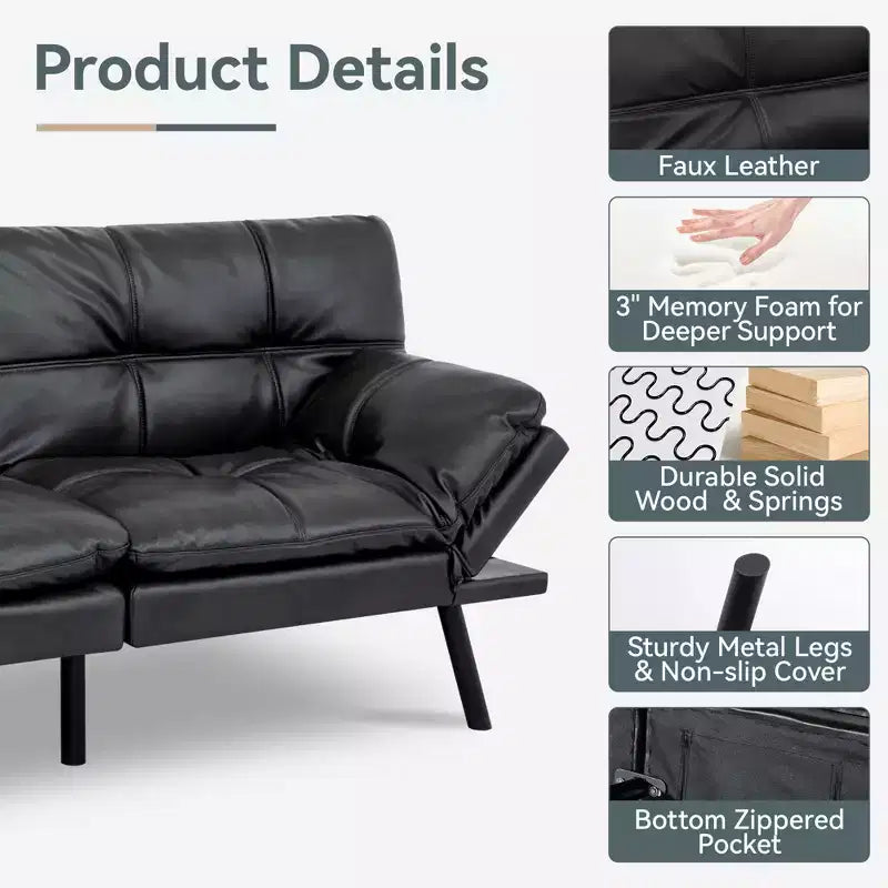 Canapé-lit futon convertible, similicuir, dossier et accoudoirs réglables, 2 places, bleu/marron/gris/noir/blanc