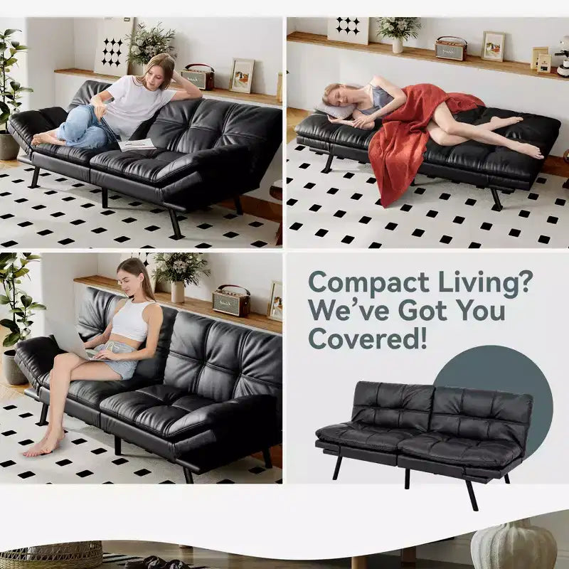 Canapé-lit futon convertible, similicuir, dossier et accoudoirs réglables, 2 places, bleu/marron/gris/noir/blanc