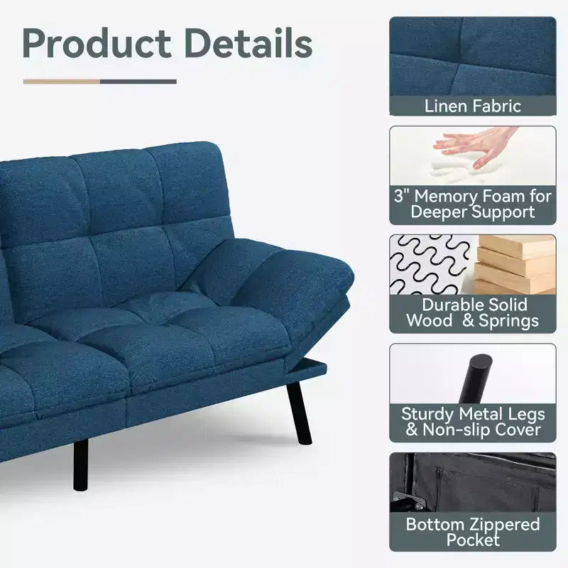 Canapé-lit futon convertible, similicuir, dossier et accoudoirs réglables, 2 places, bleu/marron/gris/noir/blanc