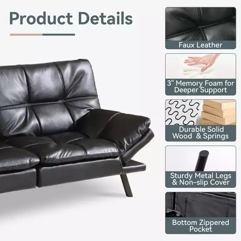 Canapé-lit futon convertible, similicuir, dossier et accoudoirs réglables, 2 places, bleu/marron/gris/noir/blanc