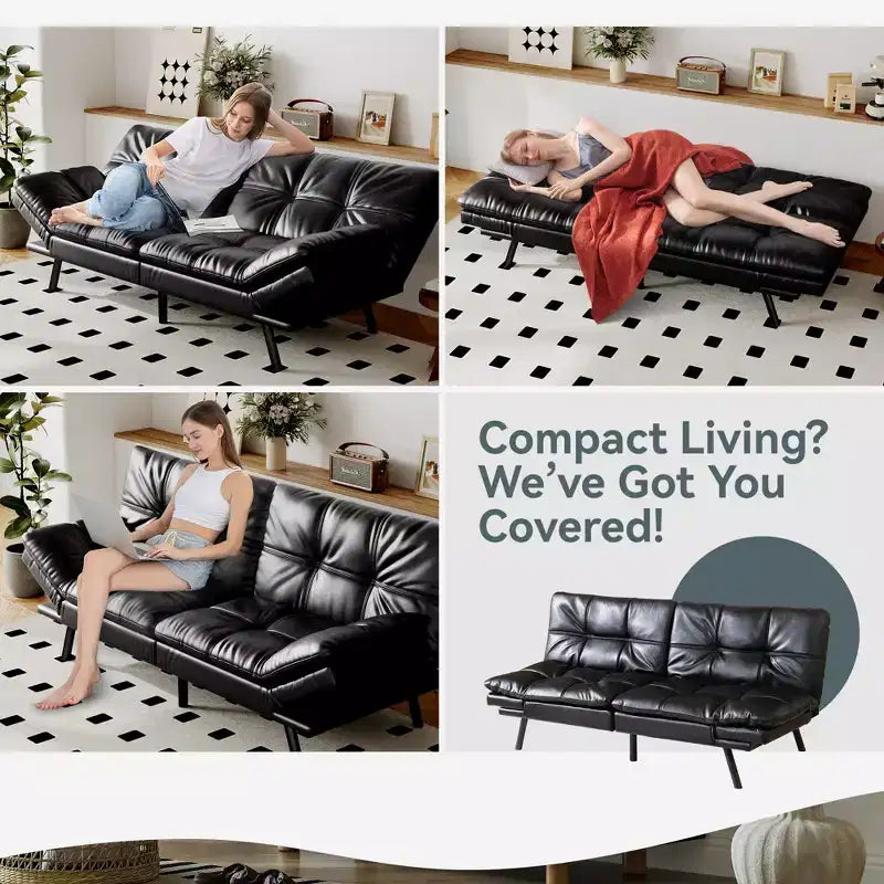 Canapé-lit futon convertible, similicuir, dossier et accoudoirs réglables, 2 places, bleu/marron/gris/noir/blanc