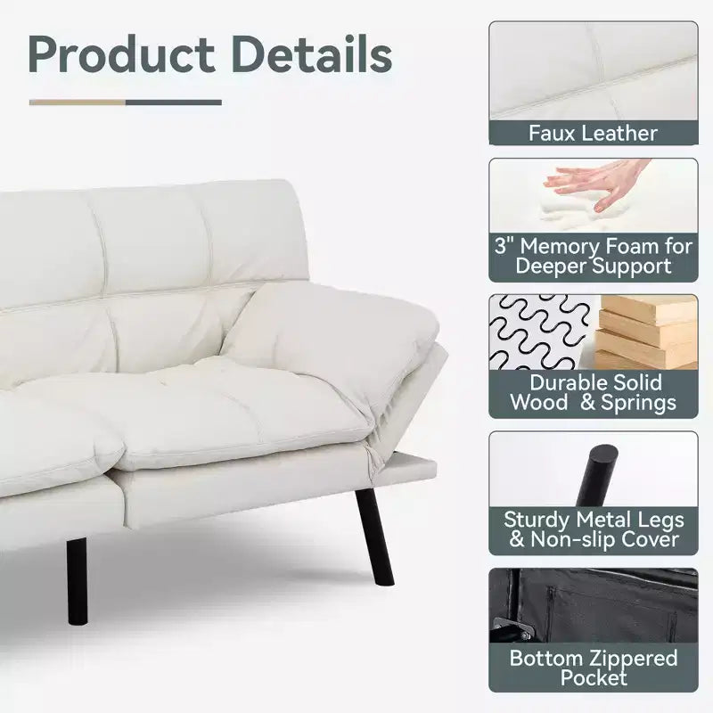 Canapé-lit futon convertible, similicuir, dossier et accoudoirs réglables, 2 places, bleu/marron/gris/noir/blanc