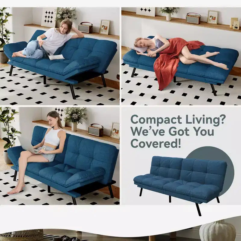 Canapé-lit futon convertible, similicuir, dossier et accoudoirs réglables, 2 places, bleu/marron/gris/noir/blanc