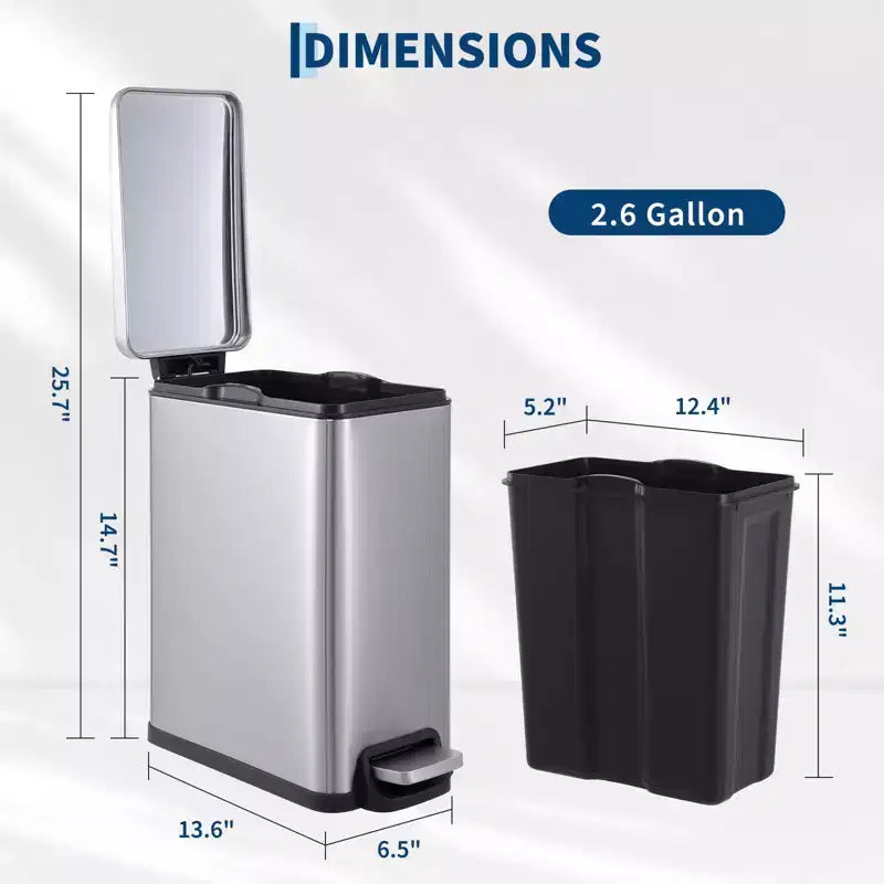 Poubelle à Pédale, Noir/Argent/Blanc, Fermeture Silencieuse, 10L/45L/45L+10L, 1 à 2 Personnes