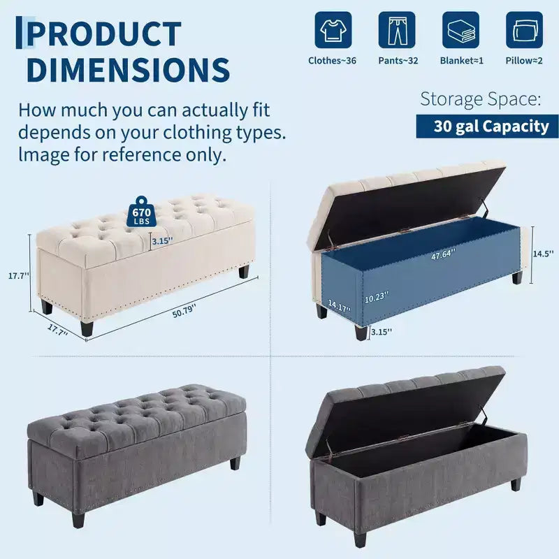 Banc Ottoman de rangement capitonné beige/gris, 2 places, capacité de 303 kg