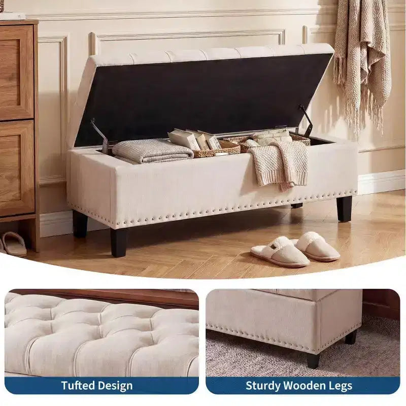 Banc Ottoman de rangement capitonné beige/gris, 2 places, capacité de 303 kg