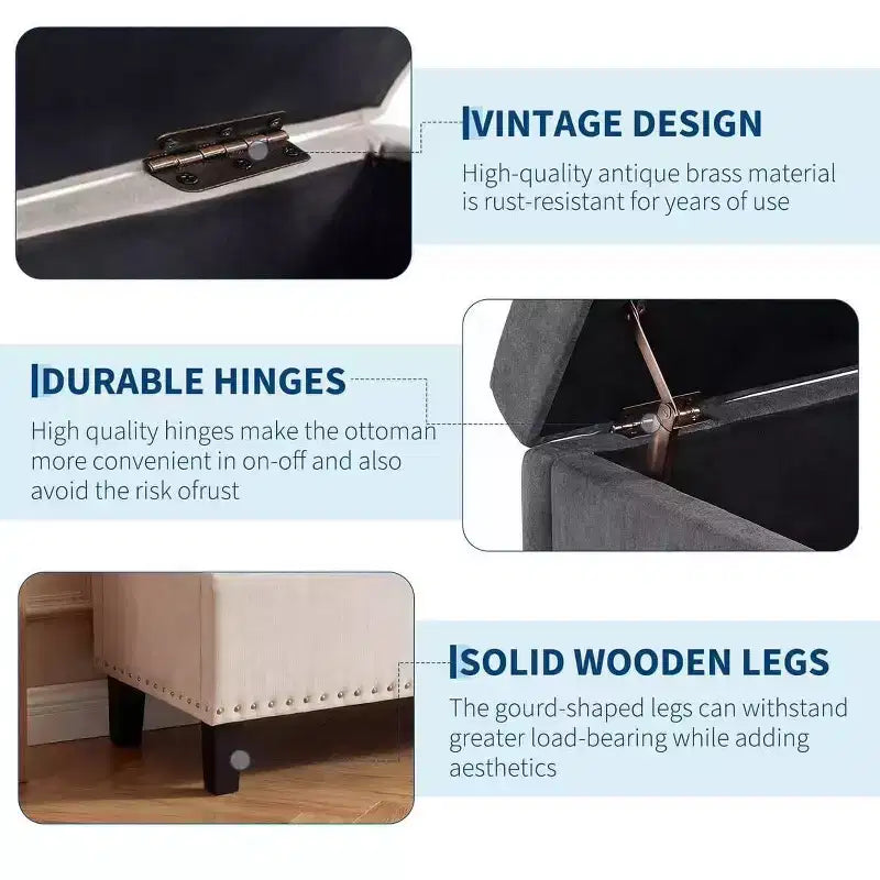 Banc Ottoman de rangement capitonné beige/gris, 2 places, capacité de 303 kg
