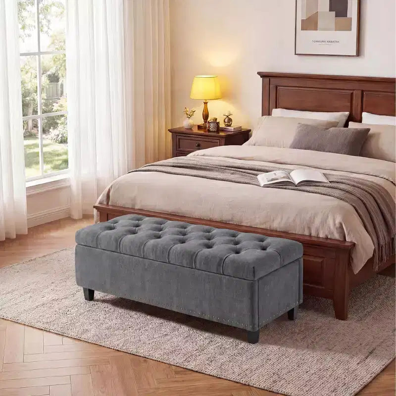 Banc Ottoman de rangement capitonné beige/gris, 2 places, capacité de 303 kg