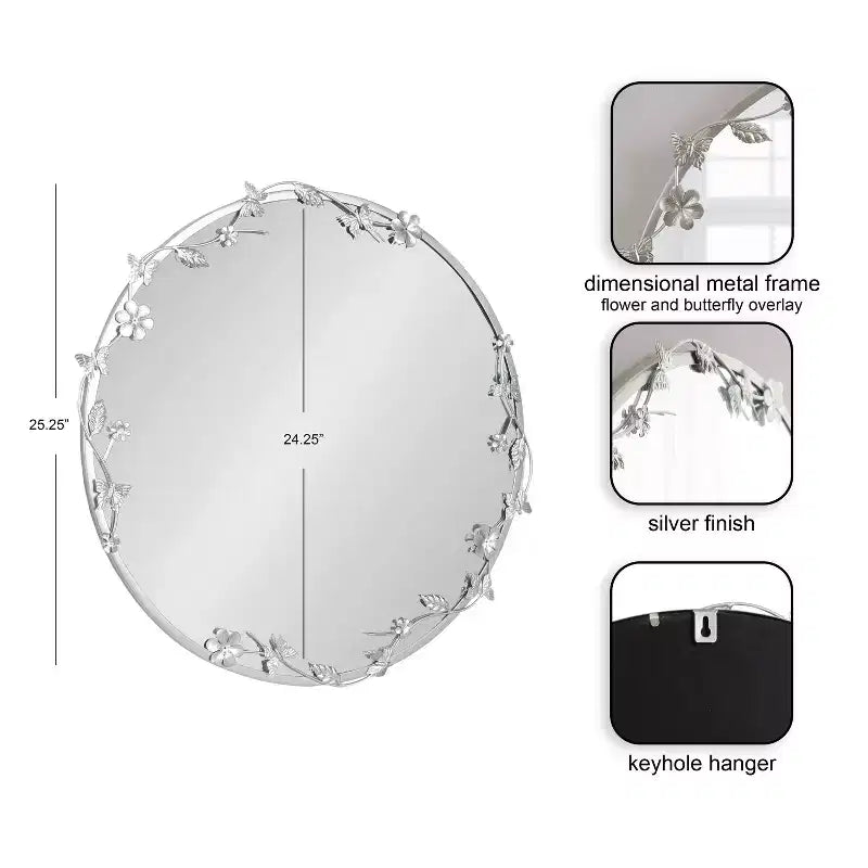 Miroir Mural Rond Floral, Argenté, Unique