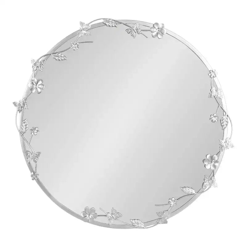 Miroir Mural Rond Floral, Argenté, Unique