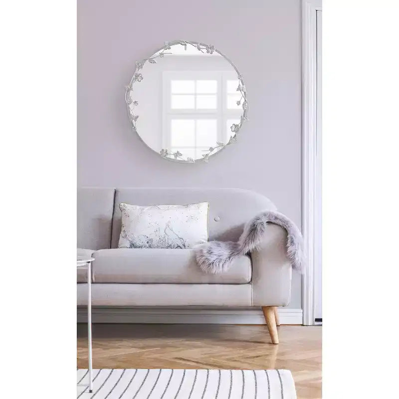Miroir Mural Rond Floral, Argenté, Unique