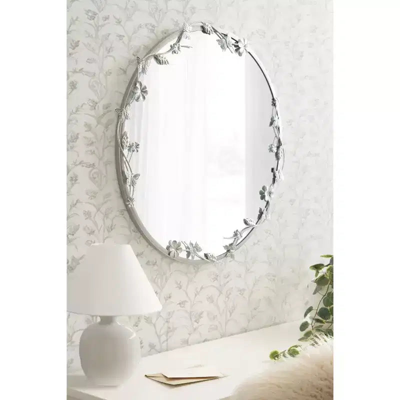 Miroir Mural Rond Floral, Argenté, Unique