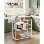VASAGLE Îlot de cuisine avec multiprise, support de micro-ondes, étagère de boulanger avec 3 étagères ouvertes, 6 crochets, cadre en métal, chêne doré et blanc
