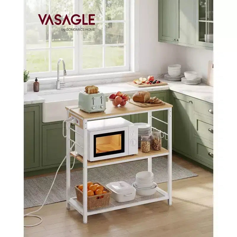VASAGLE Îlot de cuisine avec multiprise, support de micro-ondes, étagère de boulanger avec 3 étagères ouvertes, 6 crochets, cadre en métal, chêne doré et blanc