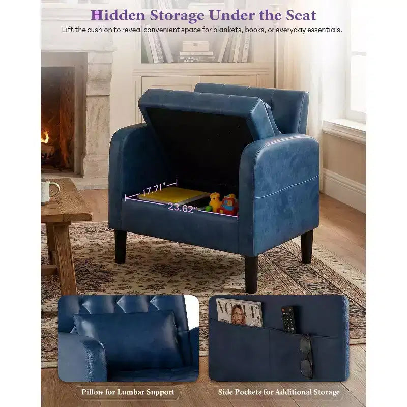 Fauteuil d'appoint capitonné en similicuir style Mid-Century noir/bleu avec rangement – À l'unité ou lot de 2