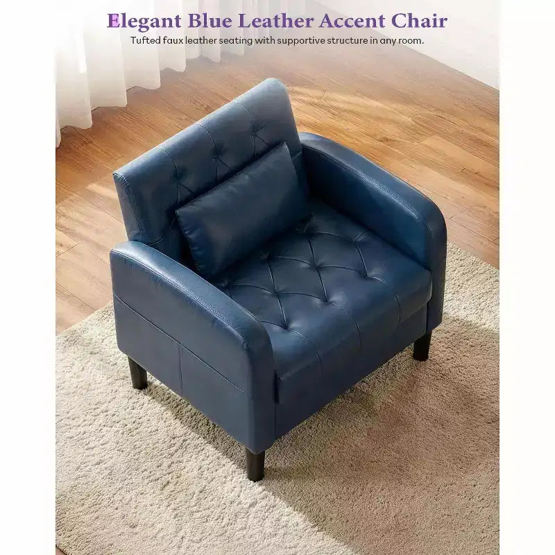 Fauteuil d'appoint capitonné en similicuir style Mid-Century noir/bleu avec rangement – À l'unité ou lot de 2