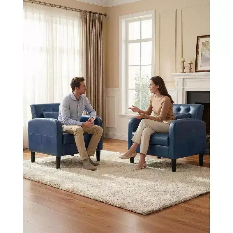 Fauteuil d'appoint capitonné en similicuir style Mid-Century noir/bleu avec rangement – À l'unité ou lot de 2
