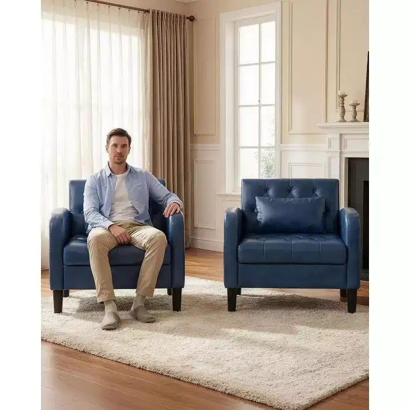 Fauteuil d'appoint capitonné en similicuir style Mid-Century noir/bleu avec rangement – À l'unité ou lot de 2