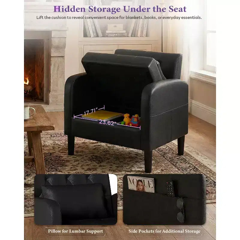 Fauteuil d'appoint capitonné en similicuir style Mid-Century noir/bleu avec rangement – À l'unité ou lot de 2