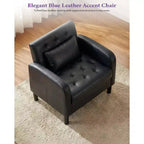 Fauteuil d'appoint capitonné en similicuir style Mid-Century noir/bleu avec rangement – À l'unité ou lot de 2