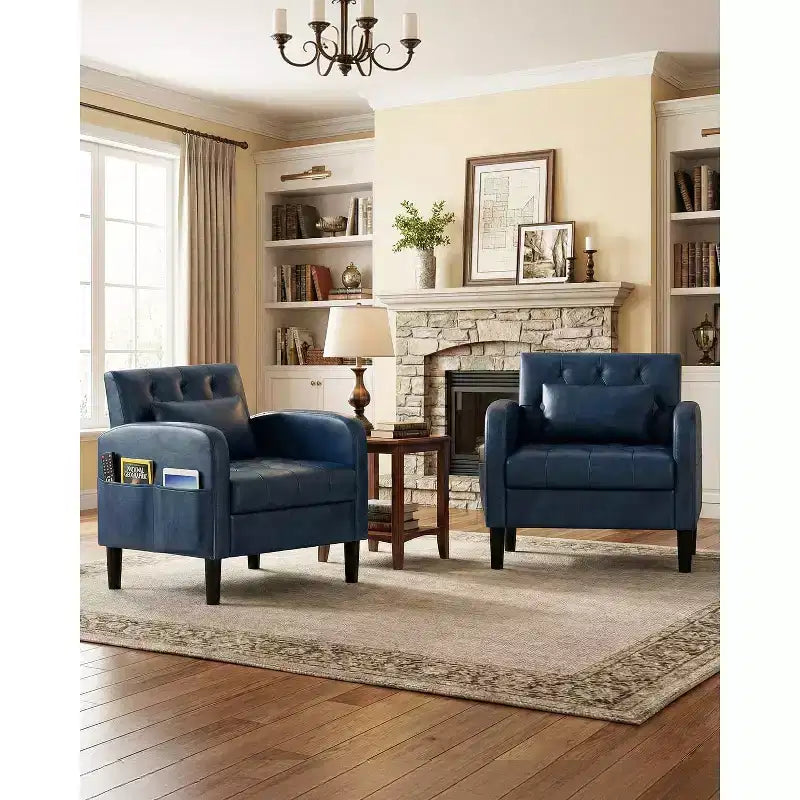 Fauteuil d'appoint capitonné en similicuir style Mid-Century noir/bleu avec rangement – À l'unité ou lot de 2