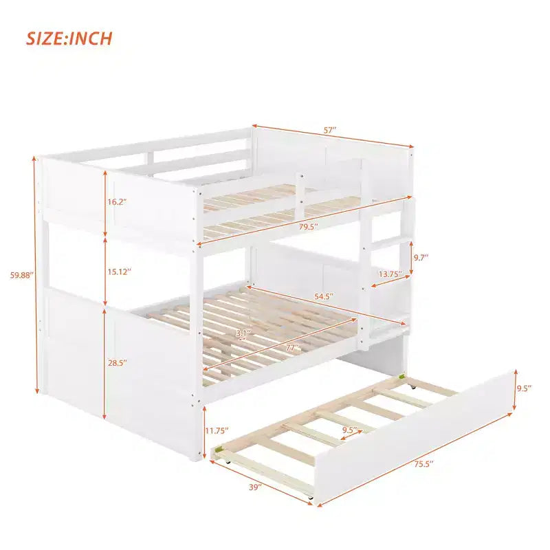 Lit superposé double blanc avec lit gigogne double, 3 couchages