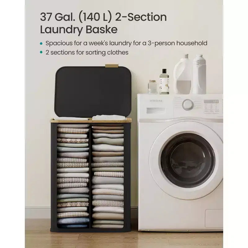 Panier à linge pliable avec couvercle, 2 compartiments, blanc crème / noir encre / gris ardoise, pour 2 personnes